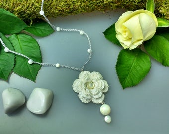 Hand Crocheted Rose Pendant Microcrochet Necklace White Mother of Pearl Sterling Silver Cotton Flower Natural Nature Inspired Summer Garden