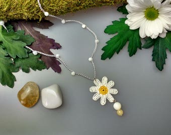 Hand Crocheted Daisy Pendant Microcrochet Necklace Mother of Pearl Sterling Silver Cotton Flower Natural Nature Inspired White Summer Garden