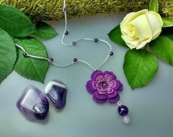 Rose Pendant, Purple Flower Pendant, Crochet Necklace, Crochet Flower Pendant, Amethyst Jewellery, Plant Lover Gift, Nature Lover Jewellery