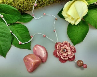 Hand Crocheted Rose Pendant Microcrochet Necklace Dusky Pink Rhodonite SterlingSilver Cotton Flower Natural Nature Inspired Summer Botanical