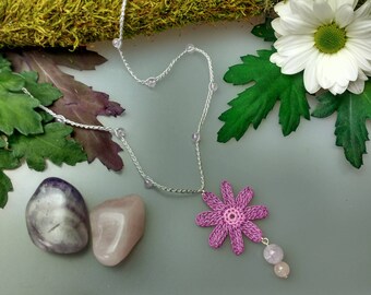 Hand Crocheted Daisy Pendant Microcrochet Necklace Lilac Amethyst Sterling Silver Cotton Flower Natural Nature Inspired Summer Botanical