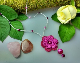 Hand Crocheted Rose Pendant Microcrochet Necklace Raspberry Pink Agate Sterling Silver Cotton Flower Natural Nature Inspired Summer Garden