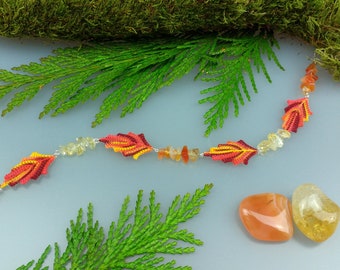 Hand Crocheted Leaf Necklace Microcrochet Carnelian Citrine SterlingSilver Cotton Forest Leaves Tree Woodland Natural Nature Inspired Orange