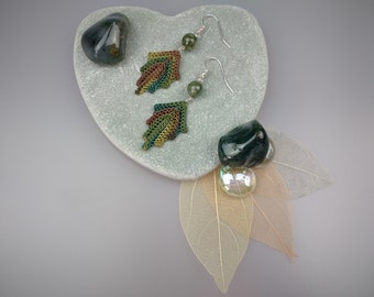 Autumn Leaf Drop Earrings Microcrochet Green Moss Agate Sterling Silver Cotton Forest Leaves Tree Woodland Natural Nature Inspired Fall