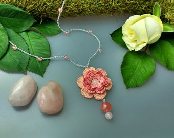 Hand Crocheted Rose Pendant Microcrochet Necklace Pink Quartz Sterling Silver Cotton Flower Natural Nature Inspired Summer Botanical Garden