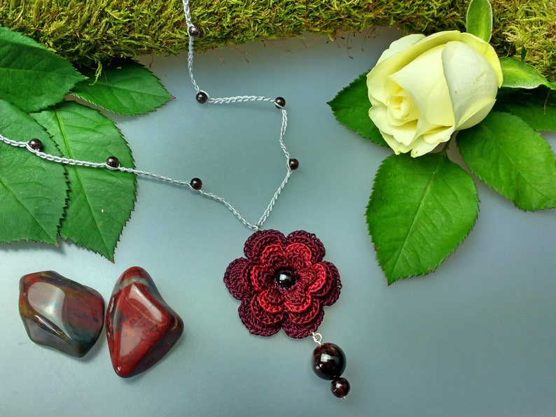 Hand Crocheted Rose Pendant Microcrochet Necklace Red Burgundy Garnet Sterling Silver Cotton Flower Natural Nature Inspired Summer Botanical image 1