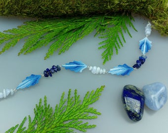 Hand Crocheted Leaf Necklace Microcrochet Lapis Lazuli Agate Sterling Silver Cotton Forest Leaves Tree Woodland Natural Nature Inspired Blue