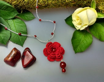Hand Crocheted Rose Pendant Microcrochet Necklace Red Carnelian SterlingSilver Cotton Flower Natural Nature Inspired Summer Garden Botanical