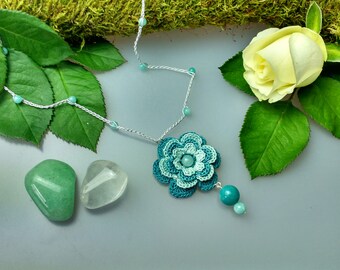 Hand Crocheted Rose Pendant Microcrochet Necklace Green Amazonite Sterling Silver Cotton Flower Natural Nature Inspired Summer Botanical