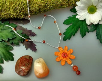 Hand Crocheted Daisy Pendant Microcrochet Necklace Orange Carnelian Sterling Silver Cotton Flower Natural Nature Inspired Summer Botanical