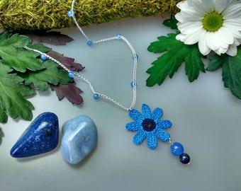 Hand Crocheted Daisy Pendant Microcrochet Necklace Blue Chalcedony Sterling Silver Cotton Flower Natural Nature Inspired Summer Botanical