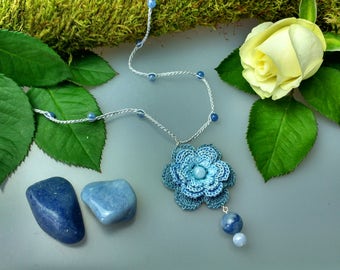 Hand Crocheted Rose Pendant Microcrochet Necklace Grey Blue Aventurine SterlingSilver Cotton Flower Natural Nature Inspired Summer Botanical