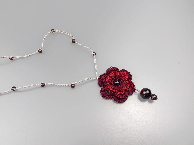 Hand Crocheted Rose Pendant Microcrochet Necklace Red Burgundy Garnet Sterling Silver Cotton Flower Natural Nature Inspired Summer Botanical image 3