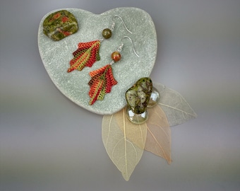 Autumn Leaf Earrings, Crochet Jewelry, Unakite Earrings, Sterling Silver, Forest Leaves, Tree, Woodland, Nature Inspired, Fall Earrings