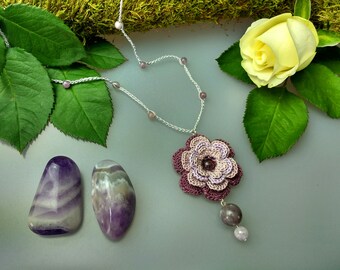 Hand Crocheted Rose Pendant Microcrochet Necklace Lilac Plum Jade Sterling Silver Cotton Flower Natural Nature Inspired Summer Botanical