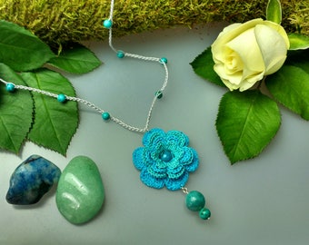 Hand Crocheted Rose Pendant Microcrochet Necklace Turquoise Amazonite SterlingSilver Cotton Flower Natural Nature Inspired Summer Botanical