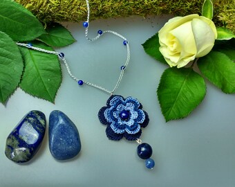 Hand Crocheted Rose Pendant Microcrochet Necklace Blue Lapis Lazuli Sterling Silver Cotton Flower Natural Nature Inspired Summer Botanical