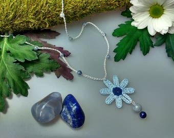 Hand Crocheted Daisy Pendant Microcrochet Necklace Blue Grey Aventurine Sterling Silver Cotton Flower Natural Nature Inspired Summer Garden