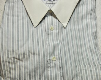 May include: A white dress shirt with a striped pattern and a white collar. The shirt has a label that reads "Burberrys of London" and "80's 100% Cotton Imported Fabric".