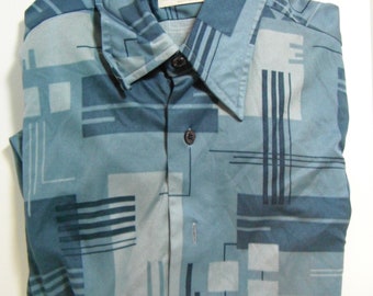 Vintage COUNTESS MARA 1970's Men's Blue Short Sleeve Pullover Shirt Size M 