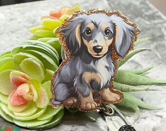 Dachshund Doxie - LONG HAIR tan / black / red - badge reel