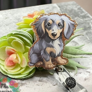 Dachshund Doxie - LONG HAIR tan / black / red - badge reel