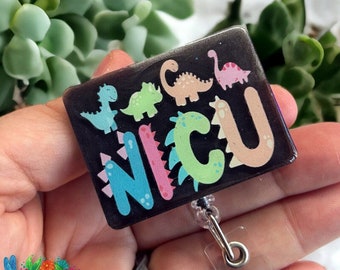 NICU - dinosaur rectangle - Custom Medical  badge reel