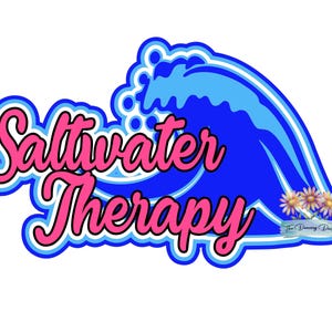 May include: A sticker design featuring a stylized blue ocean wave with the text Saltwater Therapy in a bold pink script font. The design includes a small cluster of three daisies and the text The Dancing Daisy in the lower right corner.