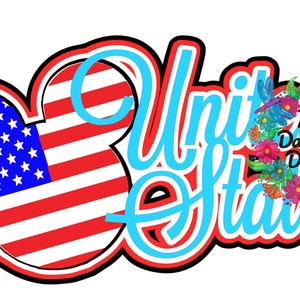 May include: A red, white, and blue American flag in the shape of a Mickey Mouse head with the word "United" in blue and "States" in blue with a floral wreath with the text "The Dancing Daisy" in the center.