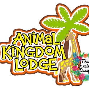 Puede incluir: Un logotipo colorido para "Animal Kingdom Lodge" con una jirafa, una palmera y elementos florales. El texto es amarillo con contornos marrones y naranjas. Un texto más pequeño dice "The Dancing Daisy".