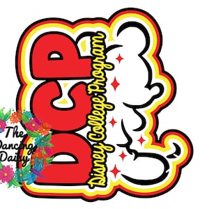 May include: A colorful graphic featuring the text "DCP" in red, outlined in black, yellow, and white, with a Mickey Mouse silhouette. The words "Disney College Program" are written vertically in yellow. A floral and dragonfly design is in the lower left corner.