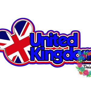 Puede incluir: Un diseño azul y rojo en forma de Mickey Mouse con la bandera de la Unión Jack en su interior. El texto "United Kingdom" está en azul con un contorno rojo.