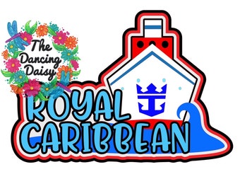 May include: A colorful logo for Royal Caribbean Cruises featuring a cartoon cruise ship with a blue crown and anchor, a blue wave, and the text "Royal Caribbean" in blue and white letters. The text "The Dancing Daisy" is in a floral wreath.