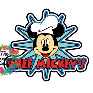 Puede incluir: Una imagen de dibujos animados de Mickey Mouse con un gorro de chef con el texto "Chef Mickey's" en letras rojas y azules.