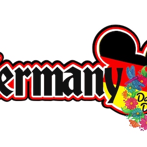 May include: A black and red heart-shaped design with the German flag colors and the word "Germany" in black with a red outline. The heart is surrounded by a floral wreath with the text "The Dancing Daisy".