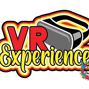 May include: A colorful graphic with the words "VR Experience" in red and yellow, accompanied by a gray VR headset. The design is outlined in black, yellow, and red, with a floral logo in the bottom right corner.