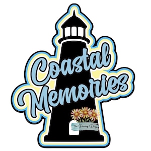 May include: A sticker featuring a black lighthouse silhouette with the text Coastal Memories in light blue script. The design includes three small pink and yellow flowers at the base and a small label reading The Dancing Daisy.