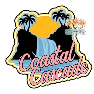 May include: A colorful graphic with a coastal theme. The design features a waterfall, palm trees, and the words "Coastal Cascade" in pink script. The background includes a yellow sun and blue water, with a white border.