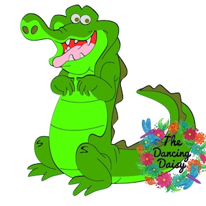 Puede incluir: Un cocodrilo verde de dibujos animados con la boca muy abierta y una sonrisa de dientes. El cocodrilo tiene ojos grandes y una cola larga. El cocodrilo está de pie sobre un fondo blanco.