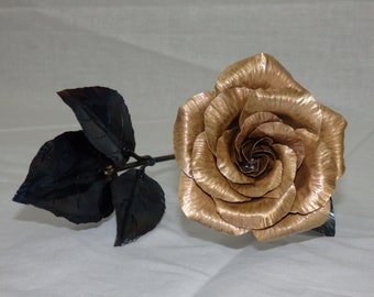 A Lovely Garden Rose in Forged Copper, Brass, Aluminum or Bi Metals with Flame Blued Leaves and Stem