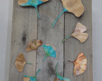 Swirling Autumn Ginkgo Leaves Plaque in Forged Copper on Re-Purposed Wood