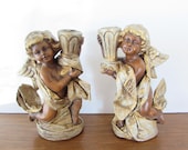 Holiday Decor, Vintage Paper Mache Angel Candlesticks Japan, Paper Mache Angel Candlesticks with Gold Florentine Finish Japan, Home Holiday