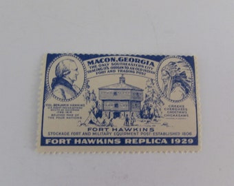 Vintage Stamp Label ,Macon Georgia, Fort Hawkins Stamp,Macon Georgia Fort Hawkins Replica Cinderella Label/Stamp 1929, Stamps, Vintage Label