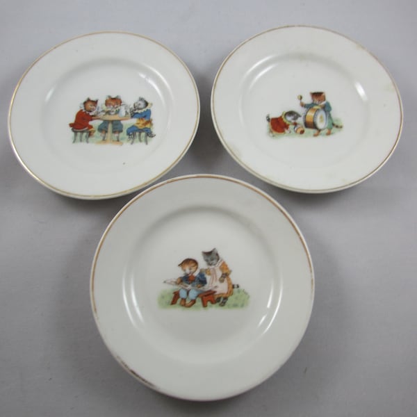 Nursery Plates, Antique Childrens Tea Set Plates, 3 Childrens Tea Set Plates, Antique Cat Art Childrens Tea Set Plates