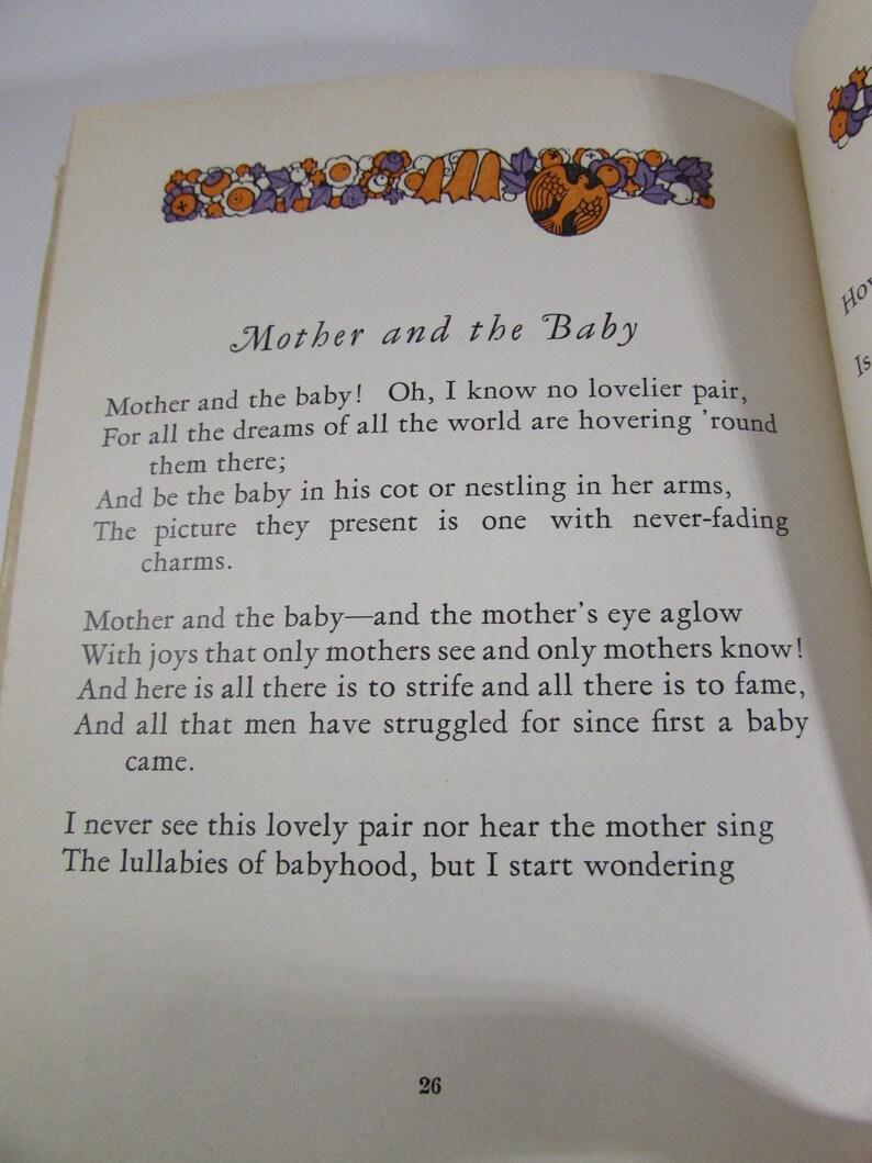 May include: A page from a vintage book with a poem about a mother and baby. The poem is titled "Mother and the Baby" and features a decorative border with flowers and a bird.