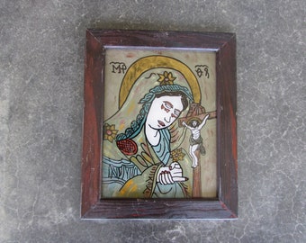 RARE Art, Reverse Painting, Vintage Reverse Painting "Maria The Painful on Glass, German Reverse Painting on Glass Maria The Painful, Art