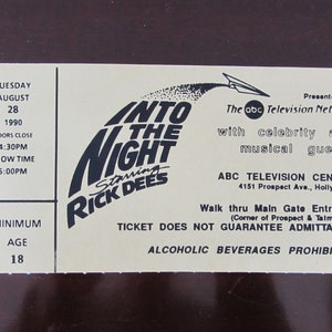 Memorabilia, Into The Night Ticket, Vintage Rick Dees Into The Night Talk Show Ticket 1991, Vintage Television Memorabilia, Into The Night