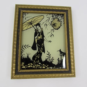 Art, Vintage Reverse Painting Asian Geisha Art, Small Reverse Painting on Glass Geisha