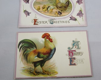 Antique Easter Postcards: Hen & Chicks, Rooster - Set of 2