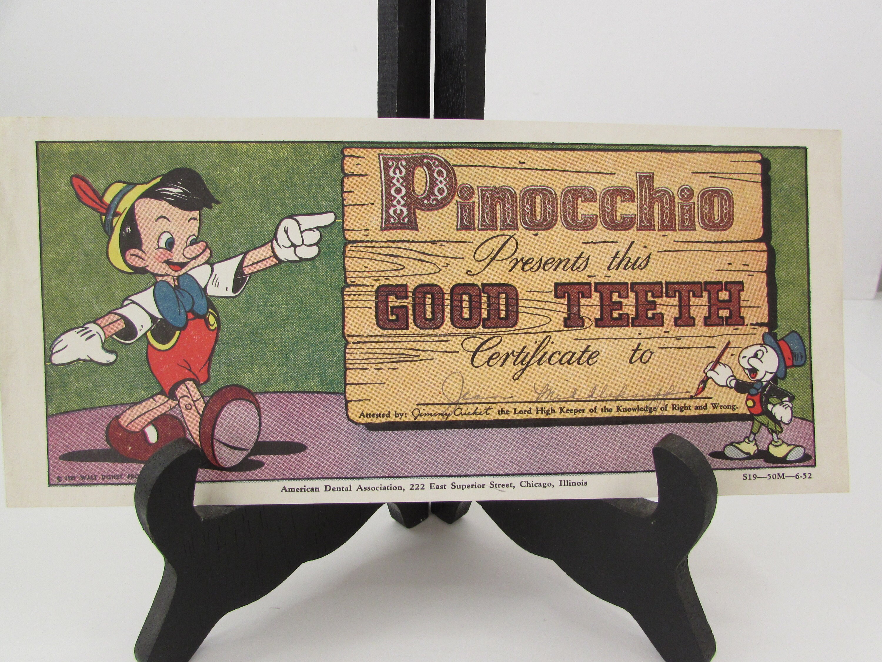 1929 Disney Good Teeth Award Certificate, Pinocchio & Jiminy